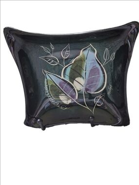 Hand-Painted MCM Abstract Leaf Trinket (Ash Tray ) - Black with Teal and Purple
